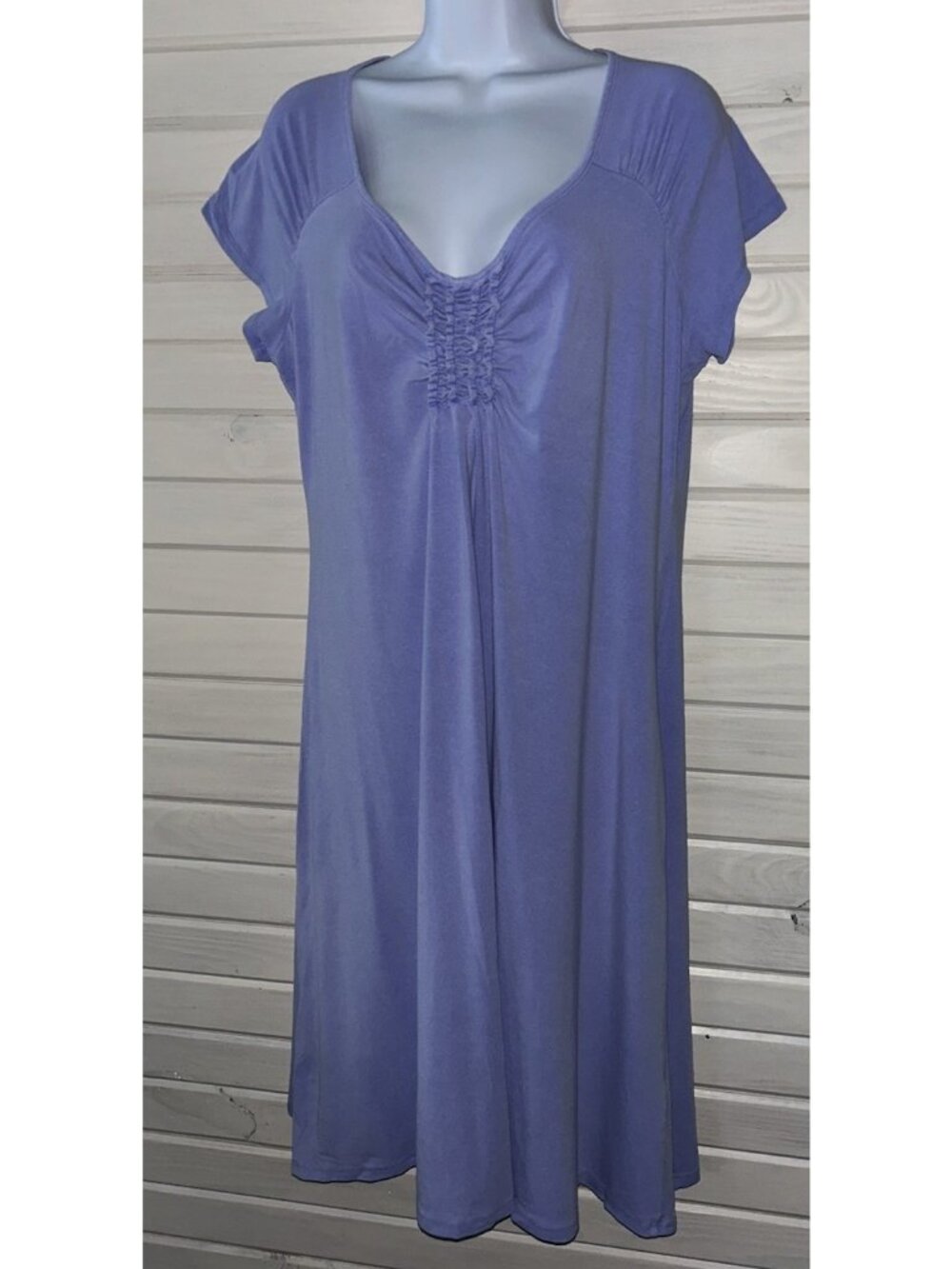 Fresh Produce Sz LARGE Emma Dress Purple S/S Knee Length Stretch Casual EUC
